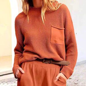 ONE SIZE RUST COLOR RAGGEDY LOOSE KNIT CREW NECK ONE POCKET SWEATER